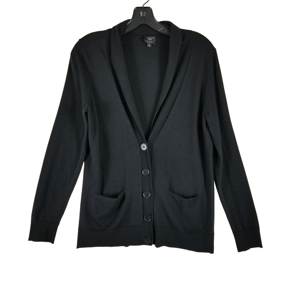 Talbots Cardigan Women PS Black 100% Pure Cashmere Shawl Collar Button Front